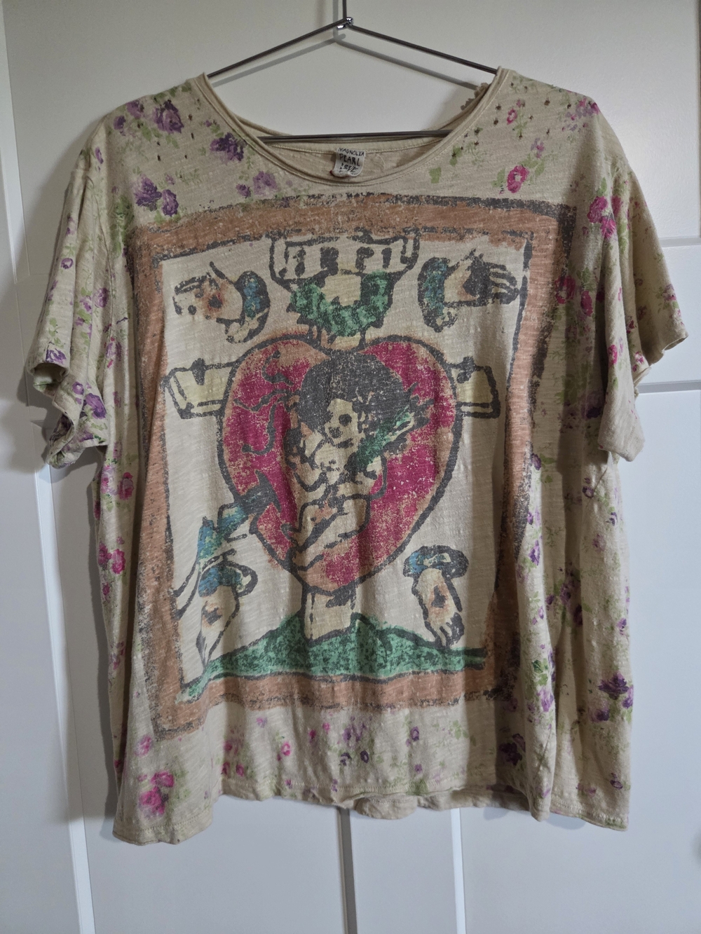 Magnolia Pearl Beige Floral Graphic Tee with Heart and Cherub